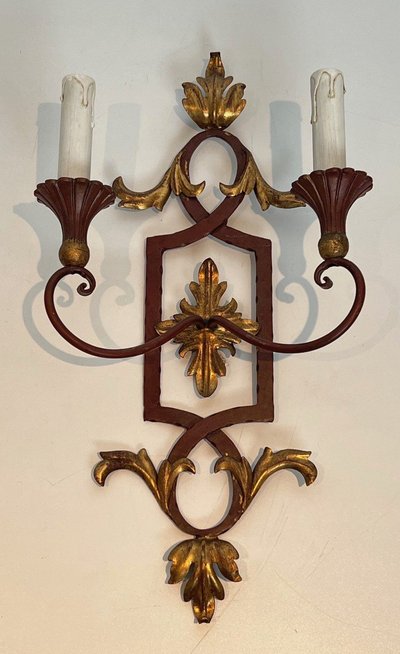 Pair of Red Antique Wrought Iron And Wood Wall Lights With Golden Acanthus Leaves.