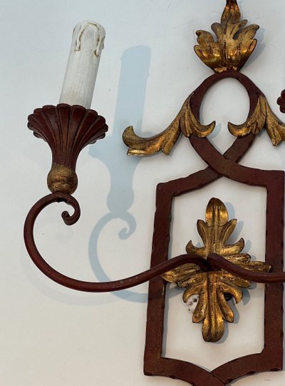 Pair of Red Antique Wrought Iron And Wood Wall Lights With Golden Acanthus Leaves.