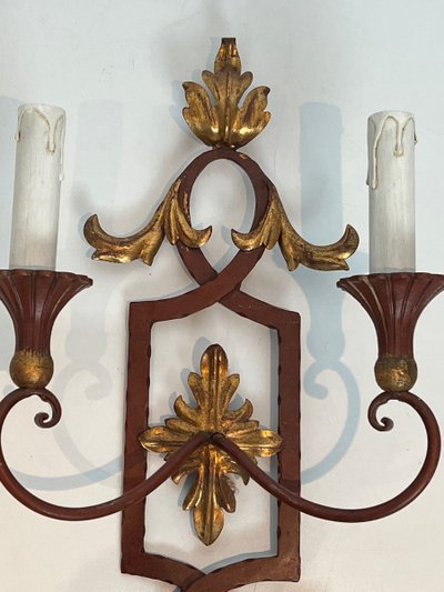 Pair of Red Antique Wrought Iron And Wood Wall Lights With Golden Acanthus Leaves.