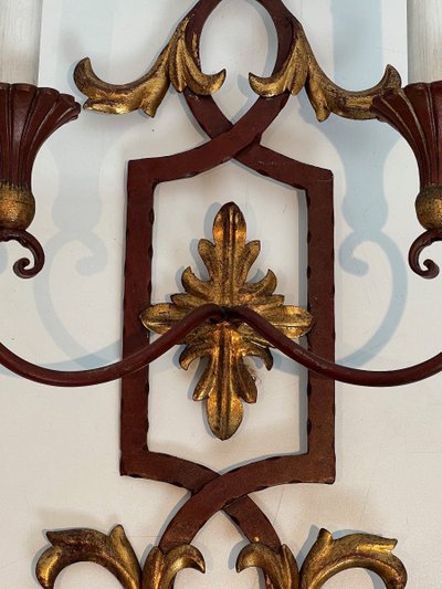 Pair of Red Antique Wrought Iron And Wood Wall Lights With Golden Acanthus Leaves.