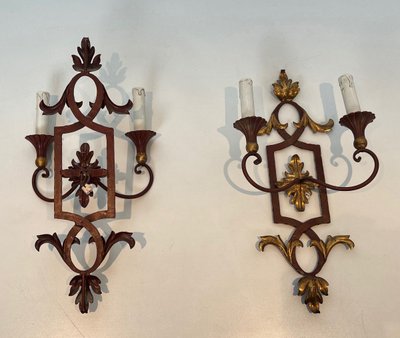 Pair of Red Antique Wrought Iron And Wood Wall Lights With Golden Acanthus Leaves.