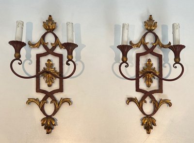 Pair of Red Antique Wrought Iron And Wood Wall Lights With Golden Acanthus Leaves.