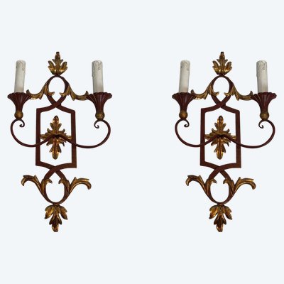 Pair of Red Antique Wrought Iron And Wood Wall Lights With Golden Acanthus Leaves.