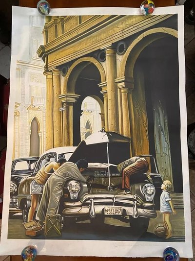 Large Alain Bertrand lithograph "La curiosité" scene of life in Cuba 21/300