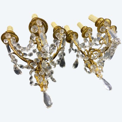 Large pair of 4-light ormolu sconces decorated with crystal pendants