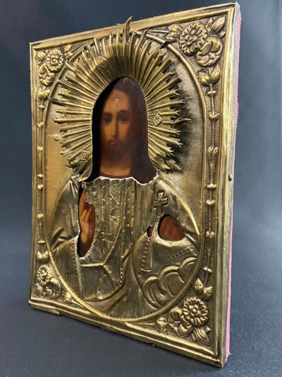 Russian icon with Chris pantocrator painted wood and brass 19th century