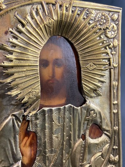 Russian icon with Chris pantocrator painted wood and brass 19th century