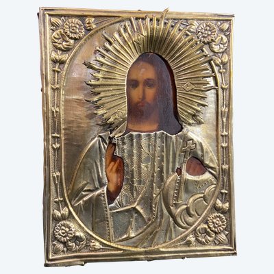 Russian icon with Chris pantocrator painted wood and brass 19th century