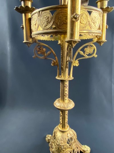 19th century Neo-Gothic bronze church candlestick