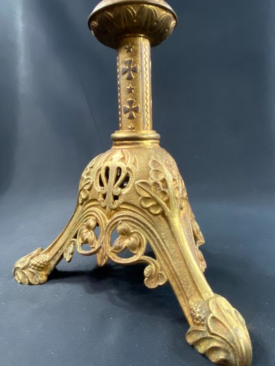 19th century Neo-Gothic bronze church candlestick