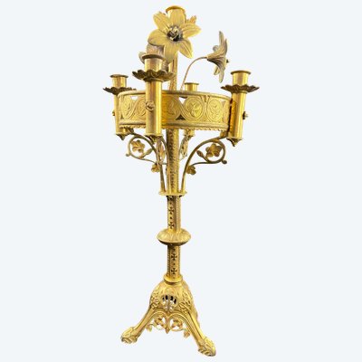 19th century Neo-Gothic bronze church candlestick