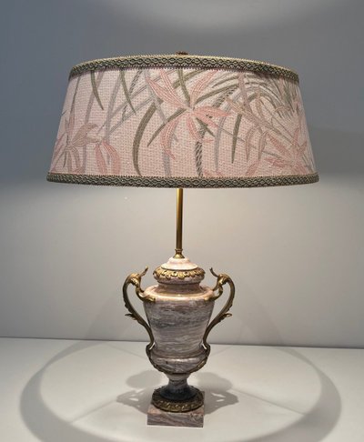 Large Marble Lamp Embellished With Bronze Crown At Base, Large Handles