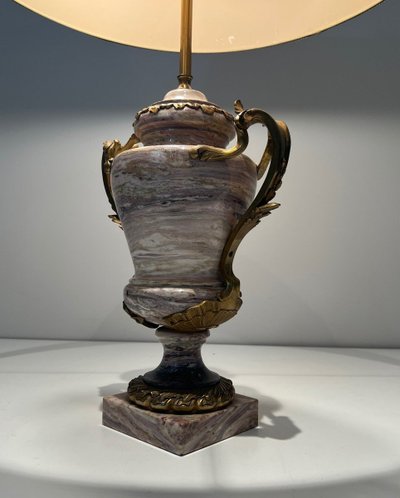 Large Marble Lamp Embellished With Bronze Crown At Base, Large Handles