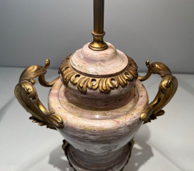 Large Marble Lamp Embellished With Bronze Crown At Base, Large Handles