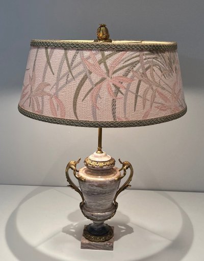 Large Marble Lamp Embellished With Bronze Crown At Base, Large Handles