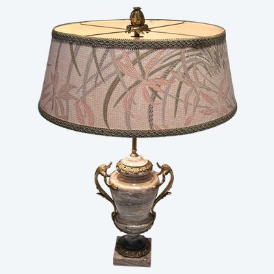 Large Marble Lamp Embellished With Bronze Crown At Base, Large Handles