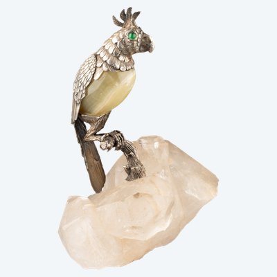 Oiseau en argent massif et agate sur socle de cristal de roche, XIXe siècle 