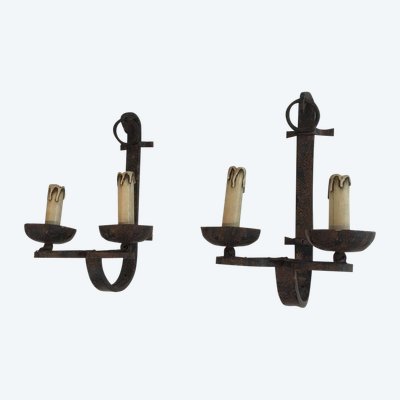 Pair of Wrought Iron Wall Lights. French work. Circa 1950