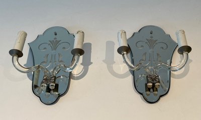 Pair of Engraved Crystal And Silvered Metal Wall Lights. Italian Murano work. Circa 1940