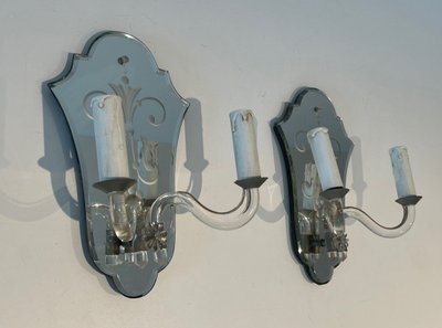 Pair of Engraved Crystal And Silvered Metal Wall Lights. Italian Murano work. Circa 1940