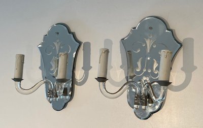 Pair of Engraved Crystal And Silvered Metal Wall Lights. Italian Murano work. Circa 1940