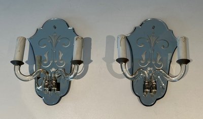 Pair of Engraved Crystal And Silvered Metal Wall Lights. Italian Murano work. Circa 1940