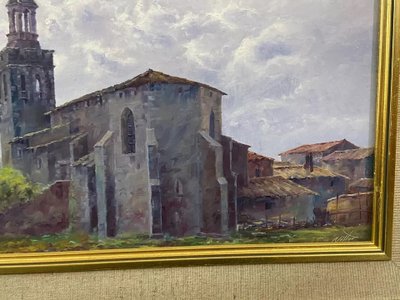 Painting oil on canvas Spanish school Nestor Church of Riudellots de la Selva