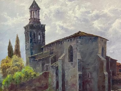 Painting oil on canvas Spanish school Nestor Church of Riudellots de la Selva