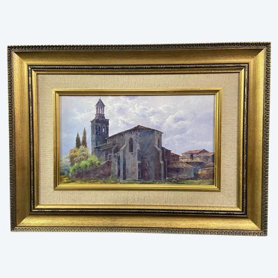 Painting oil on canvas Spanish school Nestor Church of Riudellots de la Selva