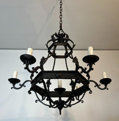 Wrought Iron Cage Chandelier with Light Arms. French Gothic work. Circa 1940