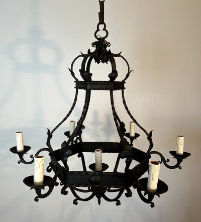 Wrought Iron Cage Chandelier with Light Arms. French Gothic work. Circa 1940