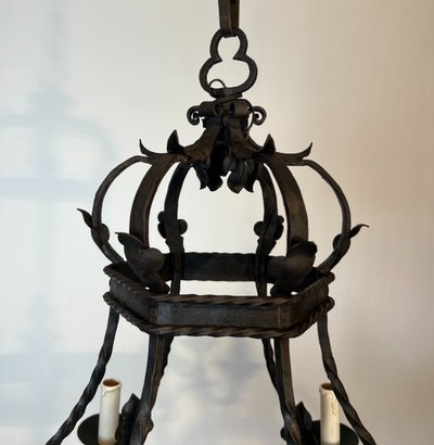 Wrought Iron Cage Chandelier with Light Arms. French Gothic work. Circa 1940