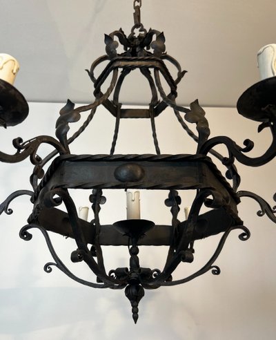 Wrought Iron Cage Chandelier with Light Arms. French Gothic work. Circa 1940