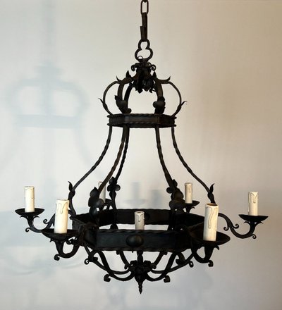 Wrought Iron Cage Chandelier with Light Arms. French Gothic work. Circa 1940