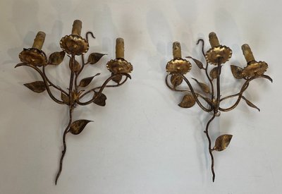 Pair of Gilded Metal Wall Lights with 3 Light Arms and Leaf Decorations. French work.