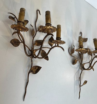 Pair of Gilded Metal Wall Lights with 3 Light Arms and Leaf Decorations. French work.