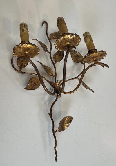 Pair of Gilded Metal Wall Lights with 3 Light Arms and Leaf Decorations. French work.