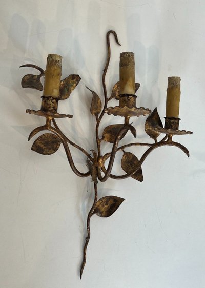 Pair of Gilded Metal Wall Lights with 3 Light Arms and Leaf Decorations. French work.