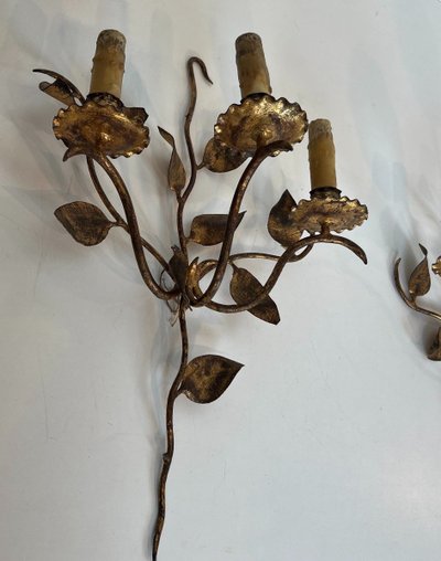 Pair of Gilded Metal Wall Lights with 3 Light Arms and Leaf Decorations. French work.