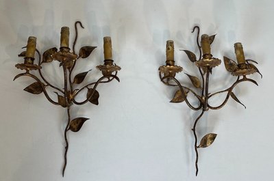 Pair of Gilded Metal Wall Lights with 3 Light Arms and Leaf Decorations. French work.