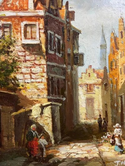 Painting oil on panel German school busy street Germany J. Hausman