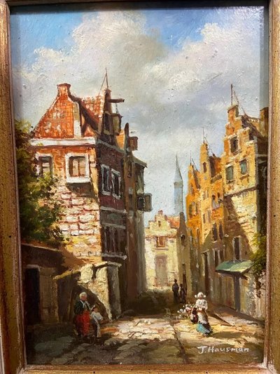 Painting oil on panel German school busy street Germany J. Hausman