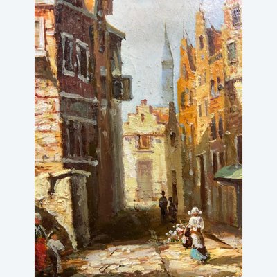 Painting oil on panel German school busy street Germany J. Hausman