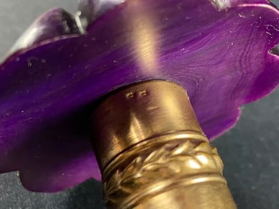 Large late 19th century parasol with carved mauve stone knob and possible gold ring