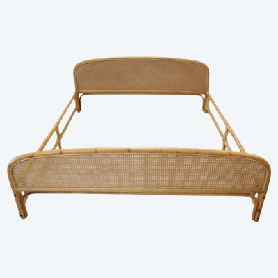 Vintage Double Bed in Bamboo and Vienna Straw, 1980s