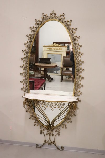 Oval Floor Mirror in Iron with Consolle Table in Marble attributed to Pier Luigi Colli