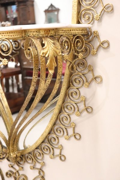 Oval Floor Mirror in Iron with Consolle Table in Marble attributed to Pier Luigi Colli