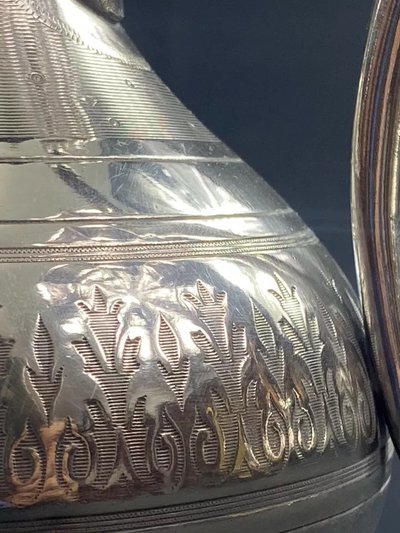 19th-century silver-plated coffee pot with rich Napoleon III guilloché decoration