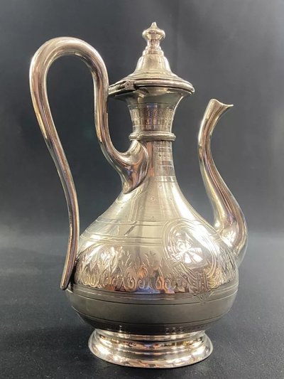 19th-century silver-plated coffee pot with rich Napoleon III guilloché decoration