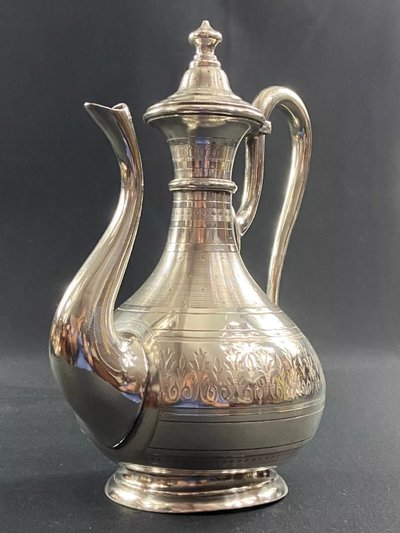 19th-century silver-plated coffee pot with rich Napoleon III guilloché decoration